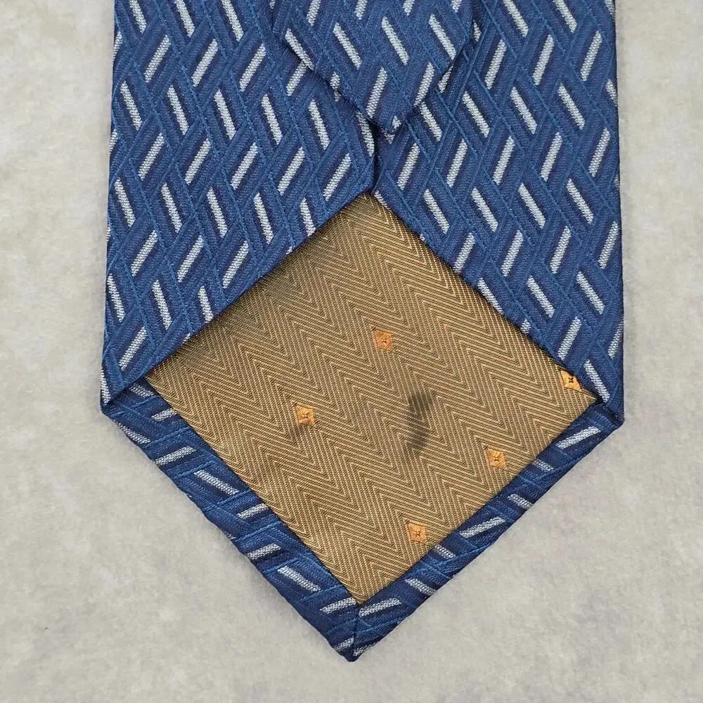 Nubio Blue Silver Diamond Stripe‎ Geometric Silk Executive Neck Tie Men's